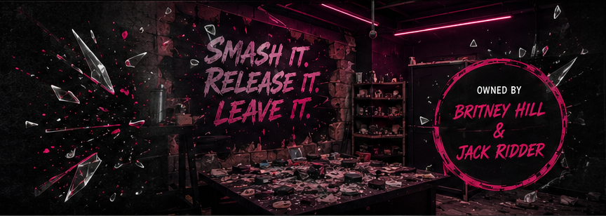 Inside the Invercargill rage room: shattered glass burst, neon pink lighting, the tagline Smash It Release It Leave It, and a badge reading Owned by Britney Hill and Jack Ridder